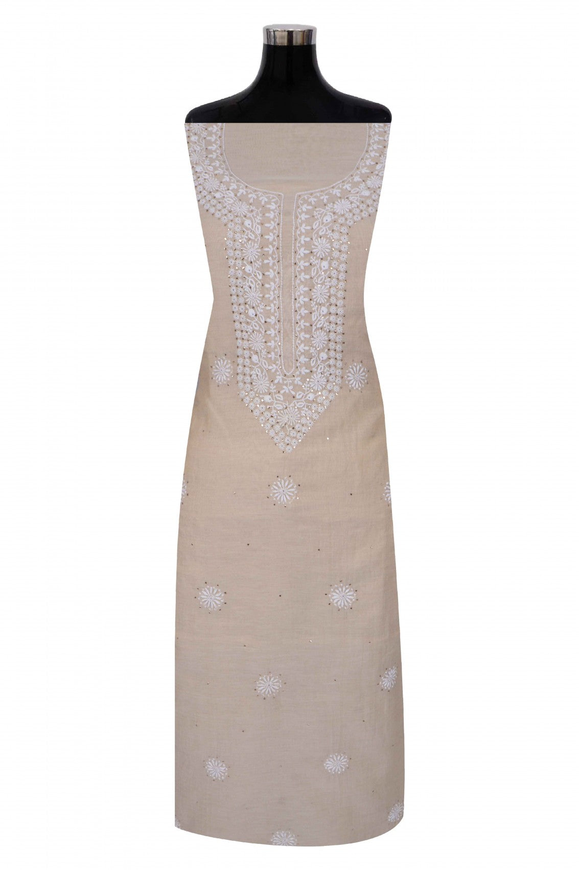 Ada Hand Embroidered Natural Fawn Tissue Lucknowi Chikankari Unstitched Kurta Dupatta Set With Muqaish Work 01A196056