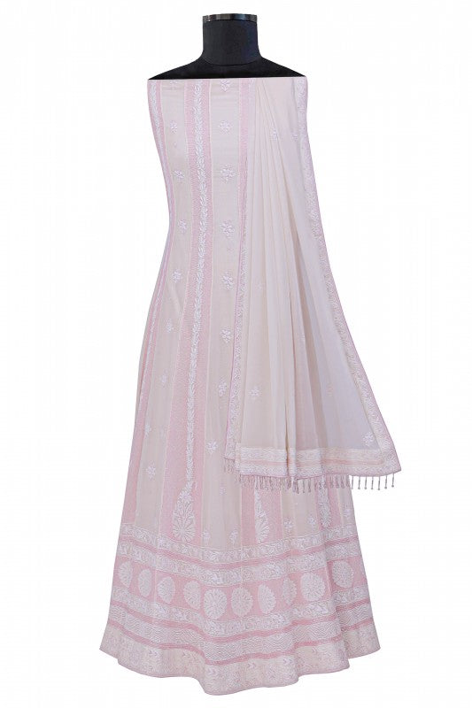 Ada Hand Embroidered White Pure Georgette Lucknowi Chikankari Semi-Stitched Anarkali Kurta Dupatta Set With Pearl Work-A617046