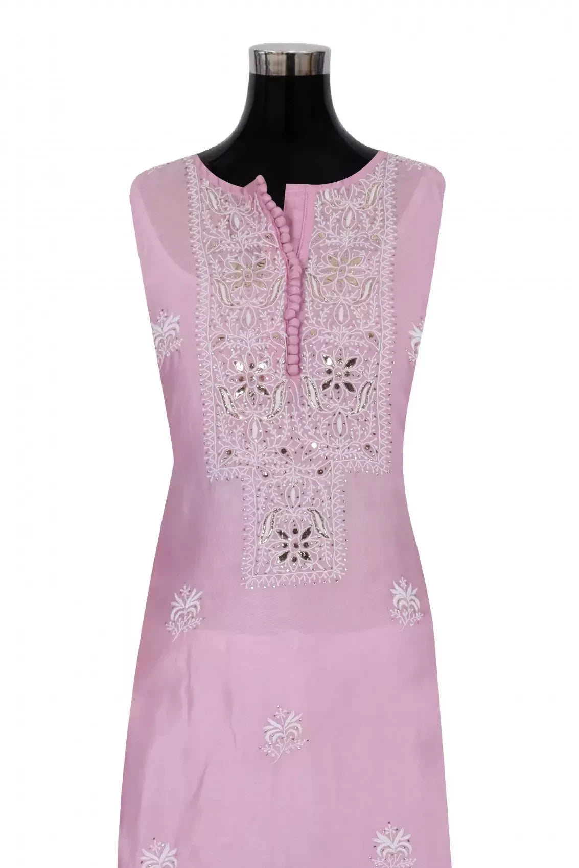 Ada Hand Embroidered Pink Chanderi Lucknowi Chikankari Unstitched Kurta Dupatta Set With Muqaish Work 01A216286