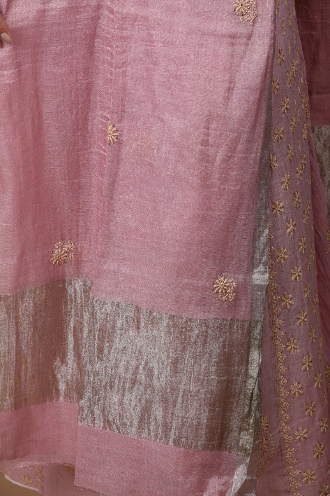 Ada Hand Embroidered Onion Pink Tissue Lucknowi Chikankari Semi-stitched Kurta Dupatta Set With Muqaish Work 01A238369