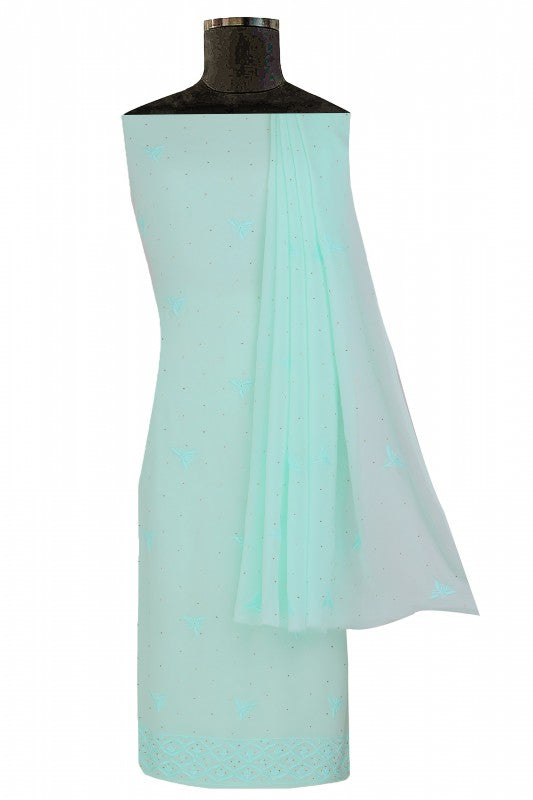 Ada Hand Embroidered Sea Green Georgette Lucknowi Chikan Unstitched Kurta Dupatta Set with Muqaish Work A531798