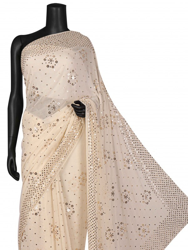 Ada Hand Embroidered Off White Pure Georgette Lucknowi Chikankari Saree/Blouse with Muqaish Work A617658