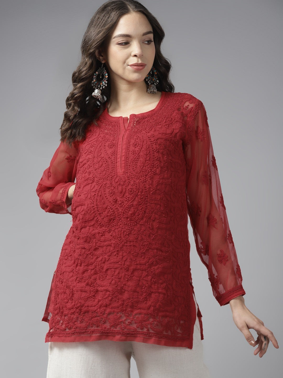 Ada Hand Embroidered Red Georgette Lucknowi Chikankari Straight Kurti With Slip A911193