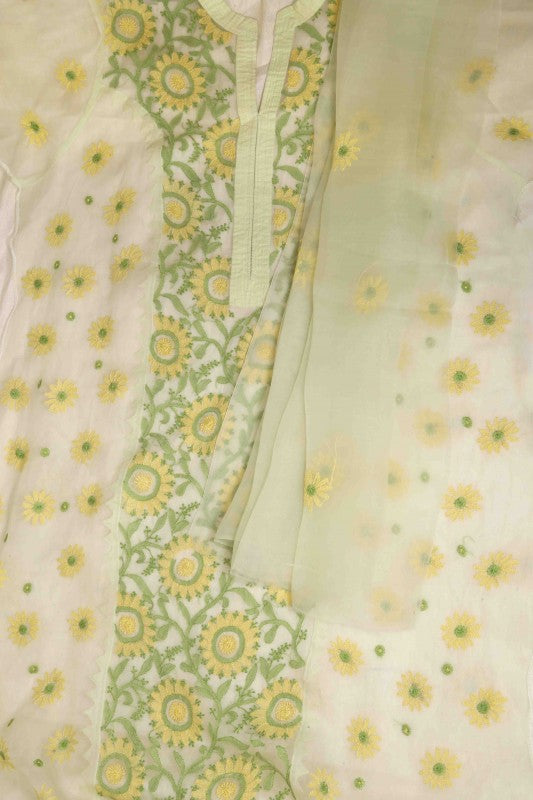 Ada Hand Embroidered Lemon Organza Lucknowi Chikan Unstitched Kurta Dupatta Set -A587997
