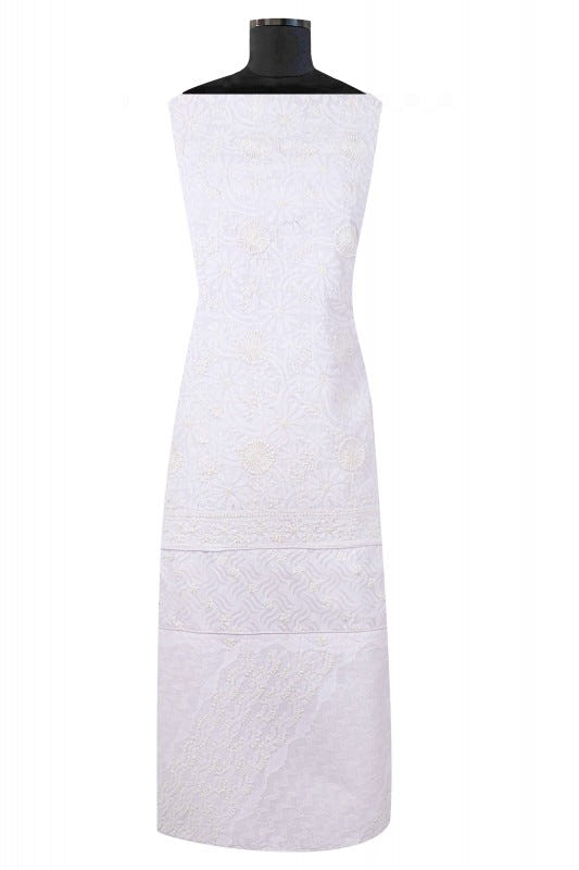 Ada Hand Embroidered White Cotton Lucknowi Chikan Unstitched Suit Piece A23261