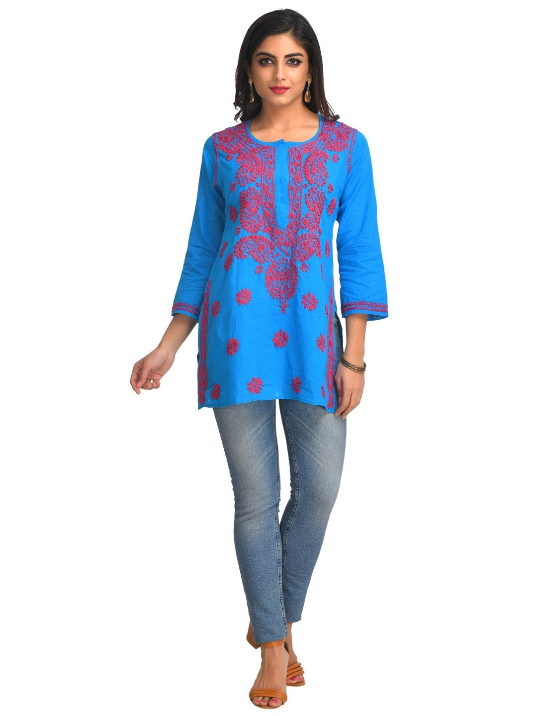 Ada Hand Embroidered Blue Cotton Lucknowi Chikankari Straight Kurti A250610