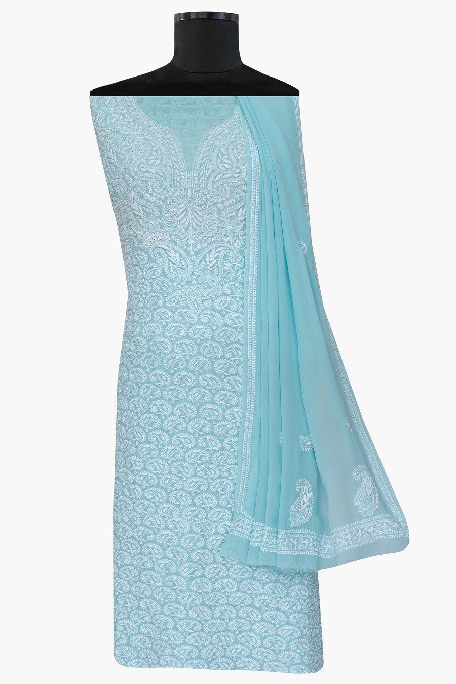 Ada Hand Embroidered Sky Blue Pure Georgette Chikan Unstitched Suit Piece- A103573