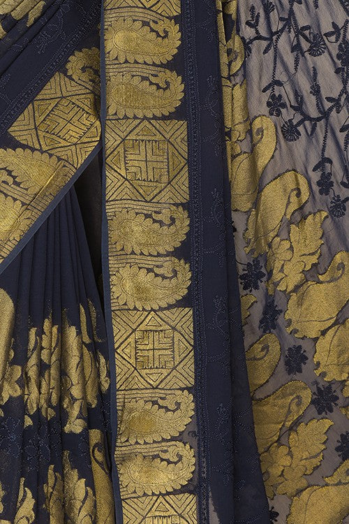 Ada Hand Embroidered Navy Blue Georgette Lucknowi Chikankari Saree with Blouse A591215