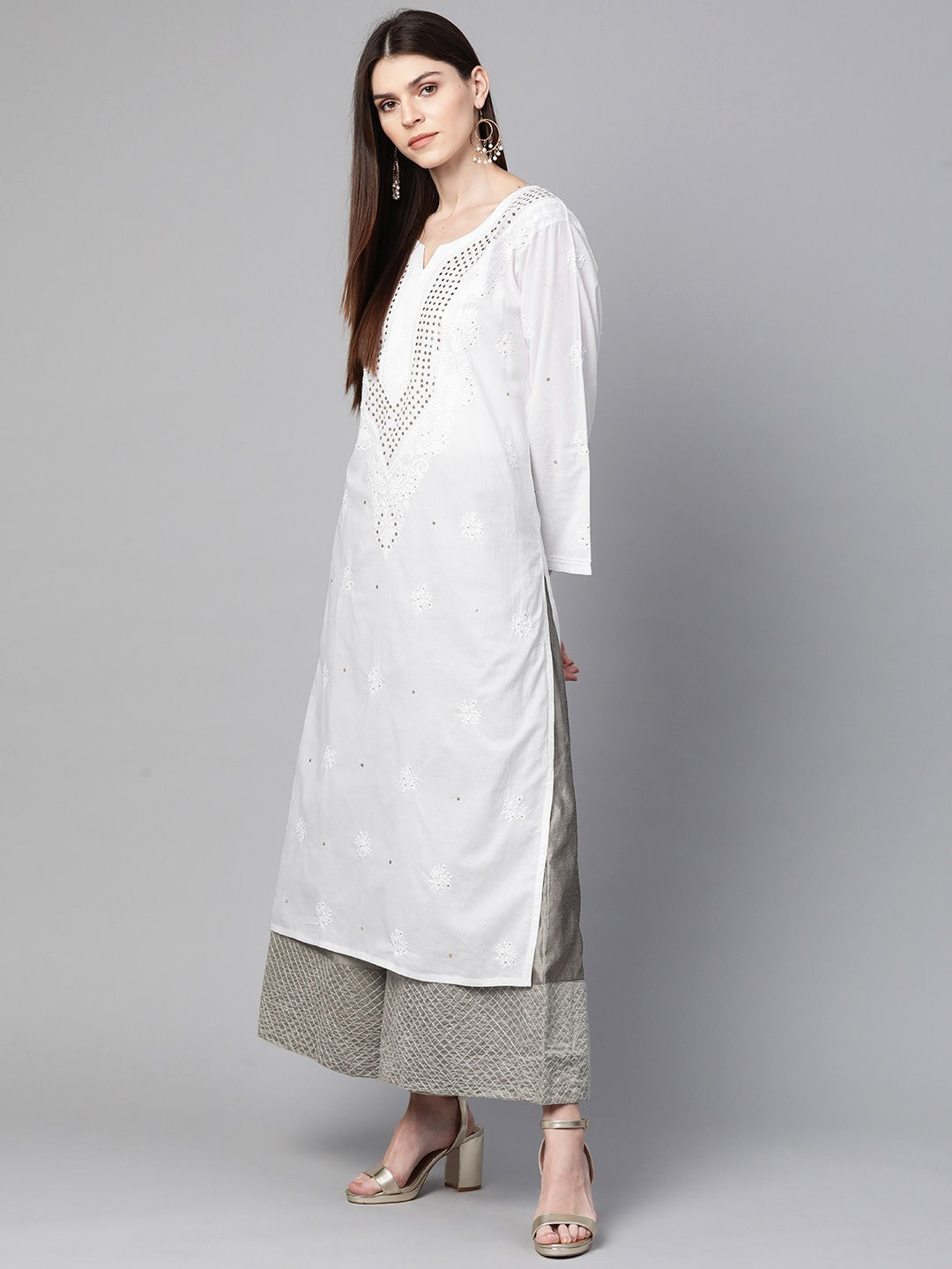 Ada Hand Embroidered White Cotton Lucknowi Chikankari Straight  Kurta With Muqaish Work A100421