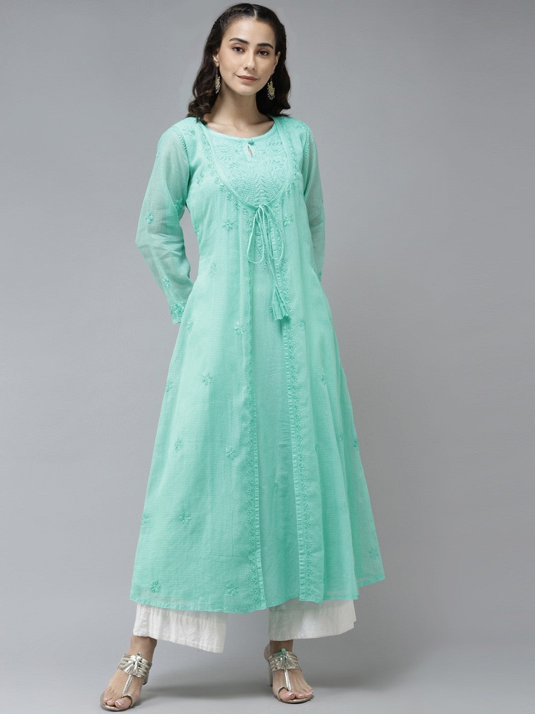 Ada Hand Embroidered Sea Green Kota Lucknow Chikankari A-Line Kurta A411234