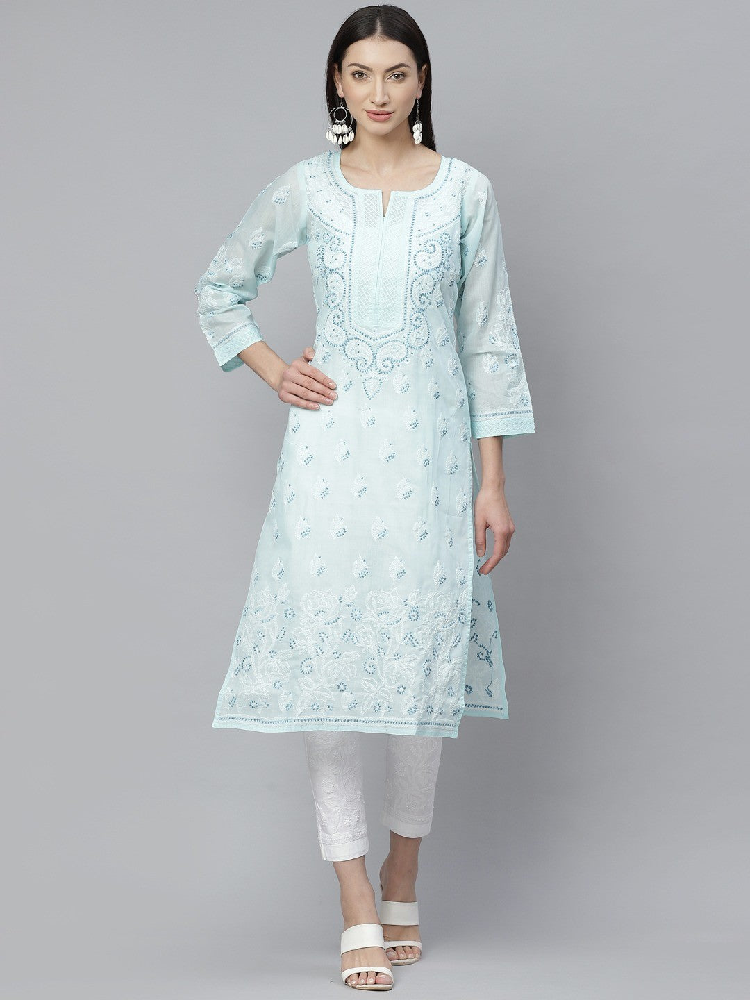 Ada Hand Embroidered Blue Cotton Lucknowi Chikankari Straight Kurta With Trouser Set A811140