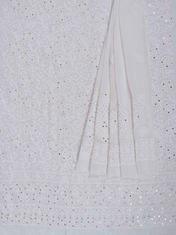Ada Hand Embroidered White Georgette Lucknowi Chikankari Unstitched Kurta Dupatta Set with Muqaish Work  01A227531
