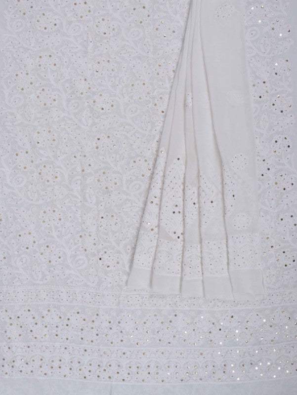 Ada Hand Embroidered White Georgette Lucknowi Chikankari Unstitched Kurta Dupatta Set with Muqaish Work  01A227531