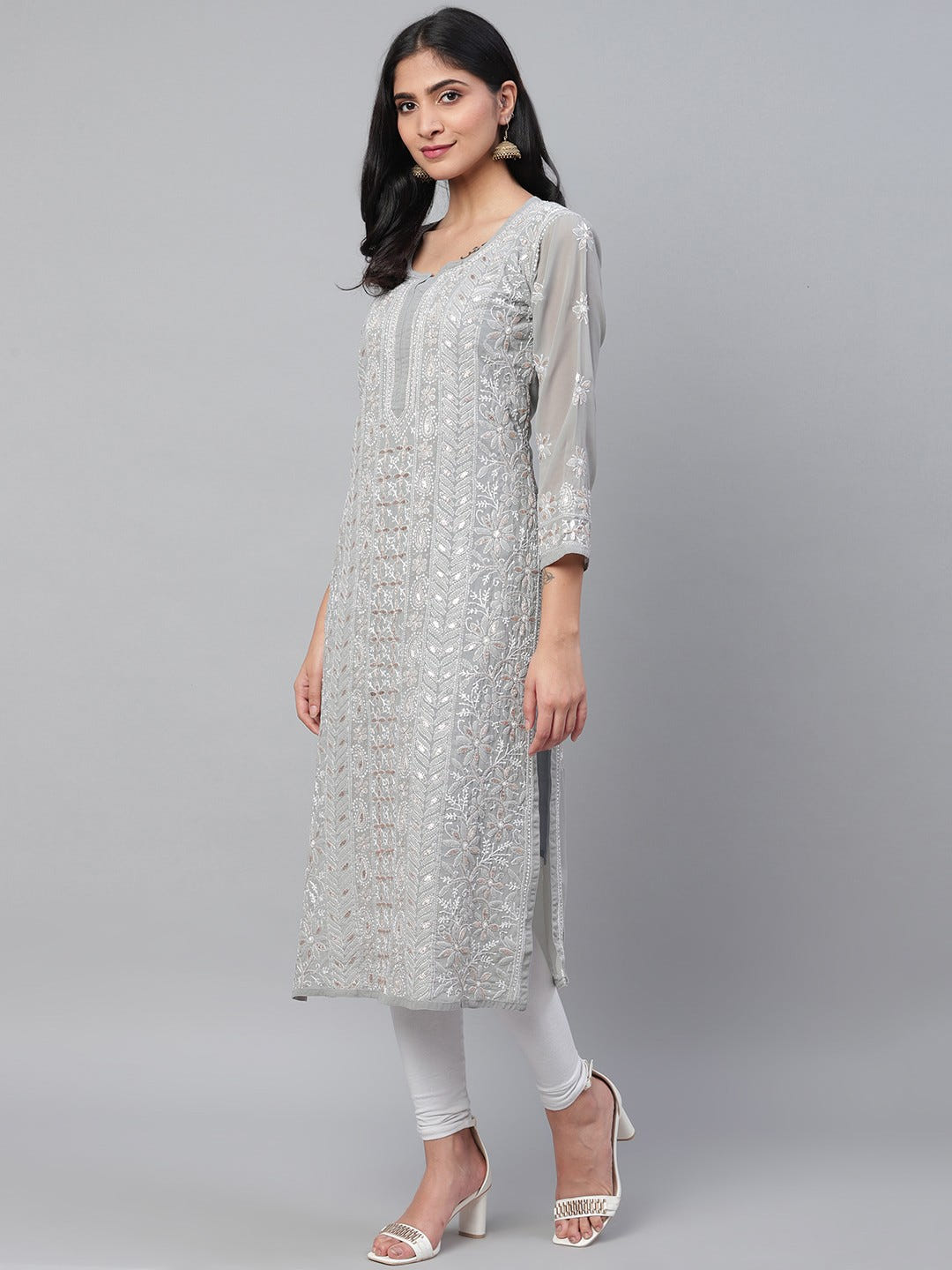Ada Hand Embroidered Grey Georgette Lucknow Chikankari Straight Kurta/Slip with Gota patti Work A411115