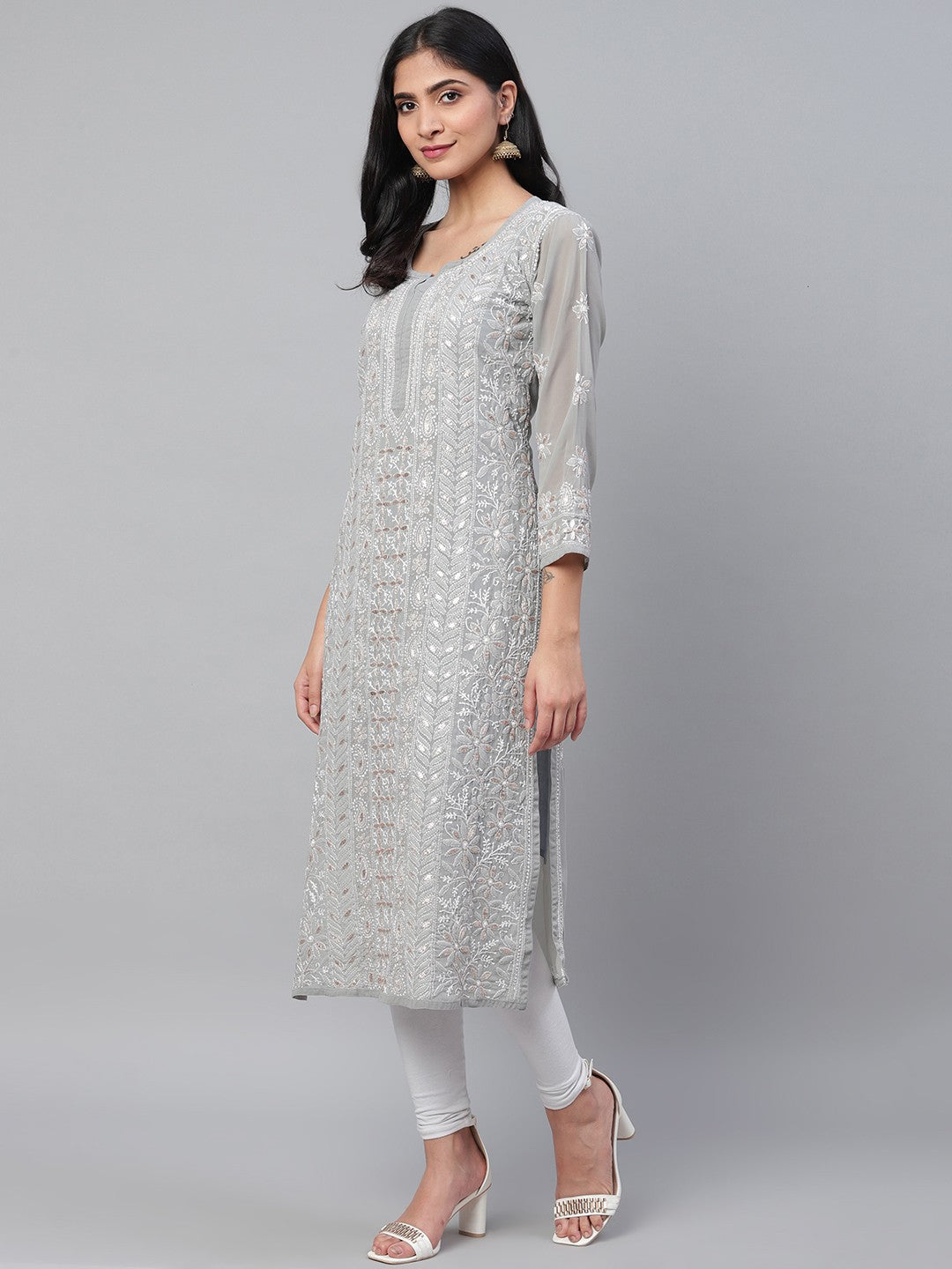 Ada Hand Embroidered Grey Georgette Lucknow Chikankari Straight Kurta/Slip with Gota patti Work A411115