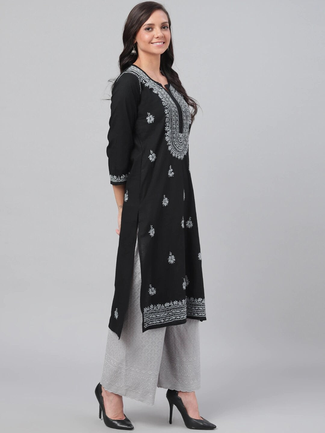 Ada Hand Embroidered Black Cotton Lucknowi Chikankari Kurta A396432