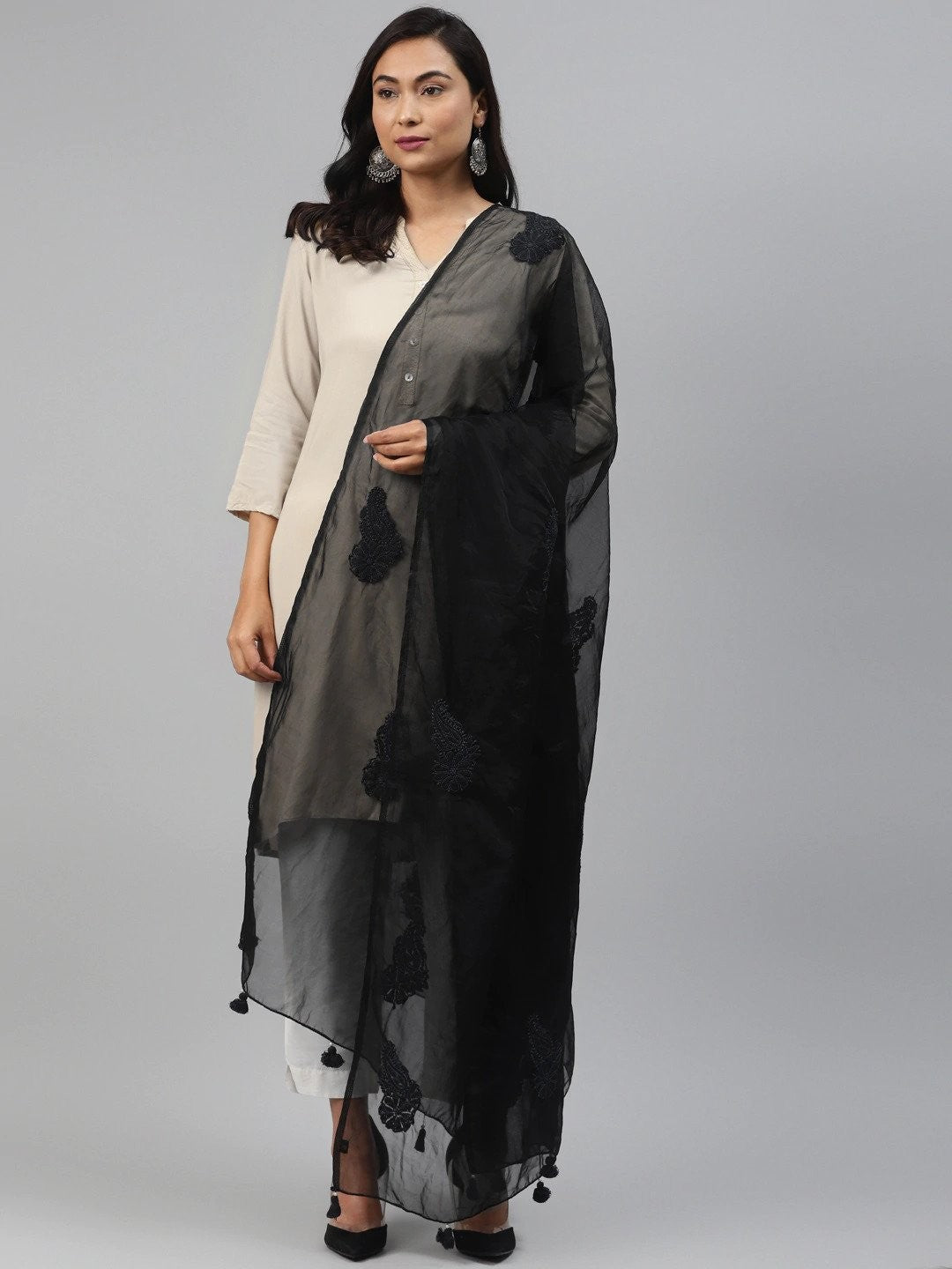 Ada Hand Embroidered Black Organza Lucknowi Chikankari Dupatta A511162