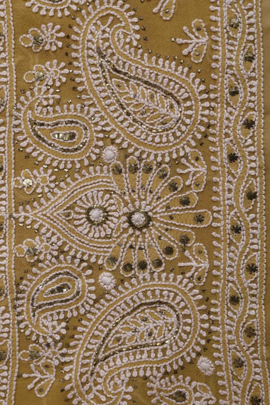 Ada Hand Embroidered Sepia Fawn Pure Georgette Lucknowi Chikan Unstitched Kurta Dupatta Set with Muqaish Work A230565