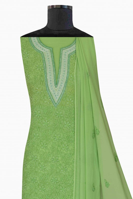 Ada Hand Embroidered Green Pure Georgette Lucknowi Chikan Unstitched Kurta Dupatta Set With Pearl Work-A279695