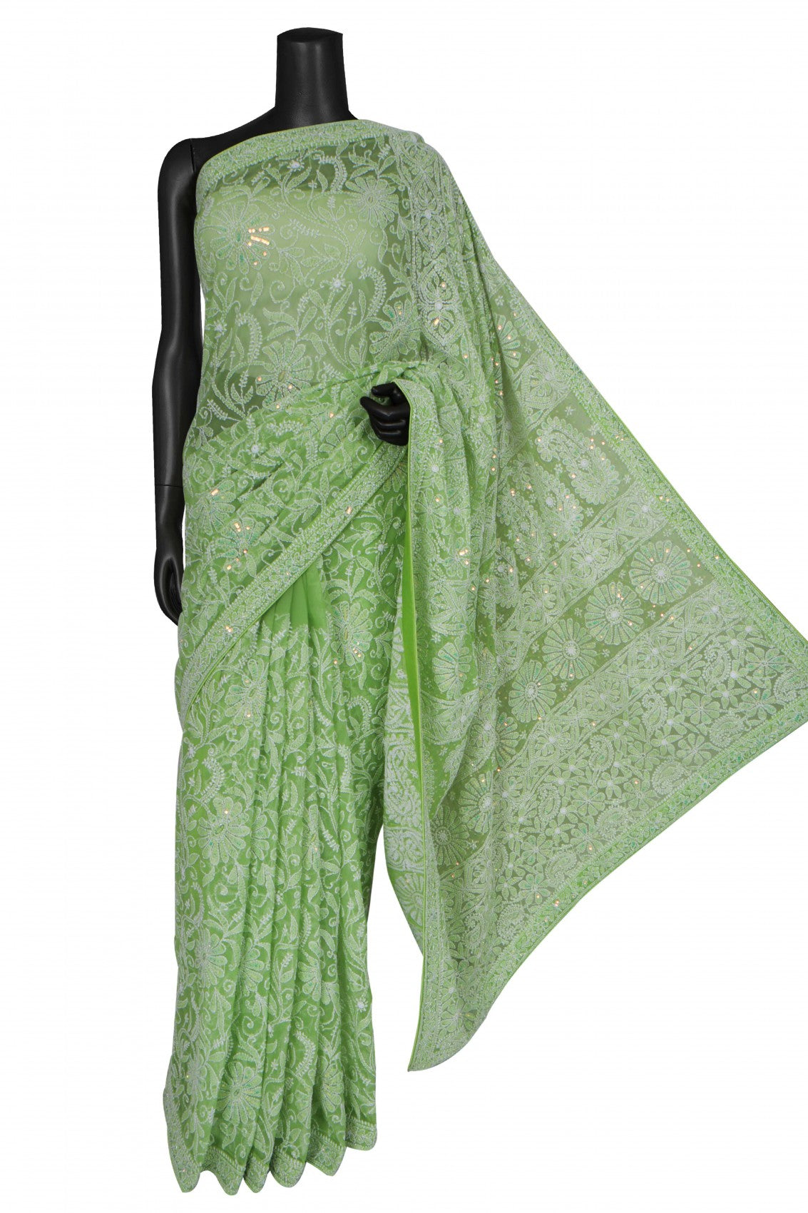 Ada Hand Embroidered Pear Green Georgette Lucknowi Chikankari Saree/Blouse with Cutdana Work 01A131034