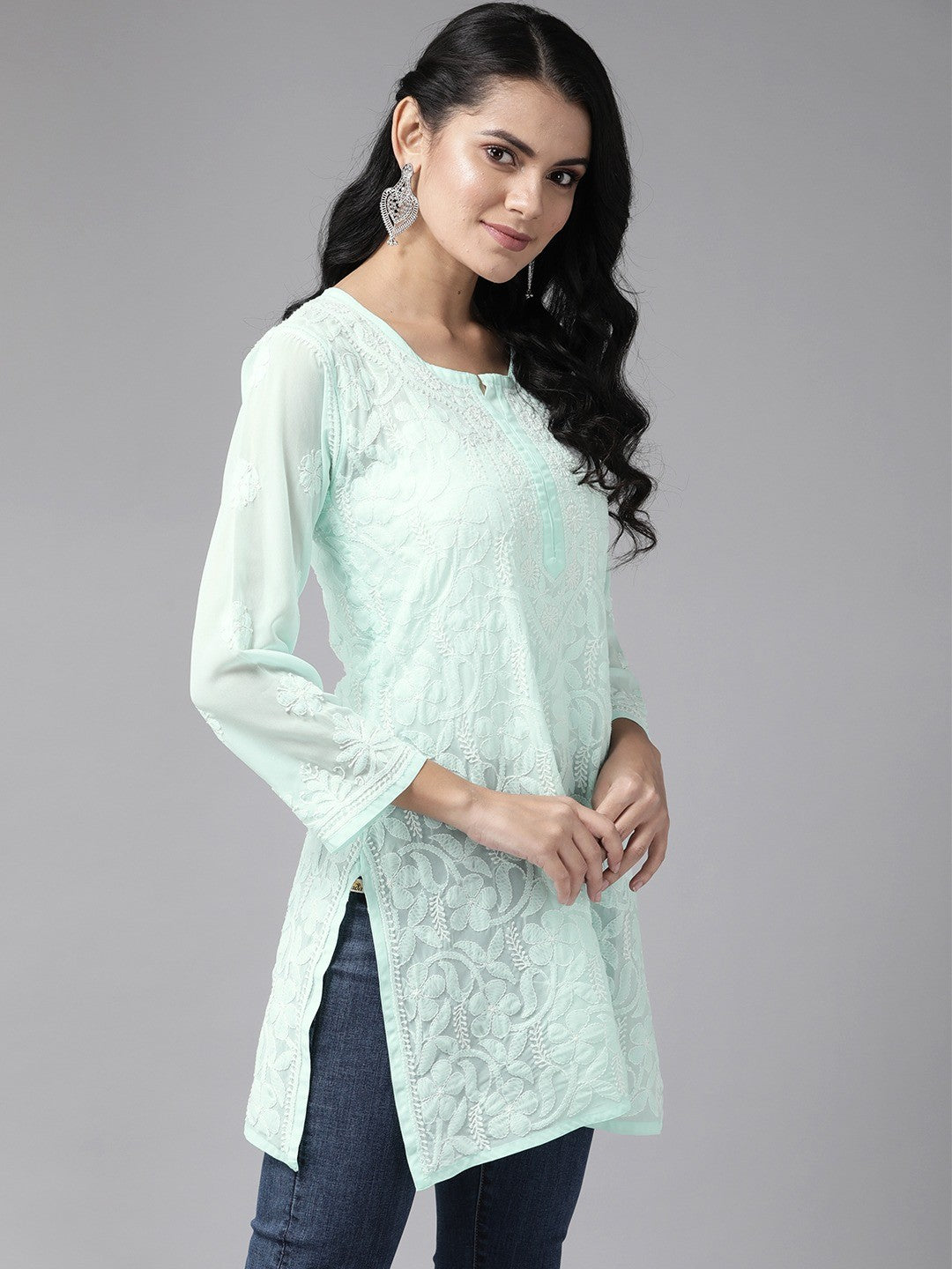 Ada Hand Embroidered Sea Green Georgette Lucknowi Chikankari Straight Kurti A911122