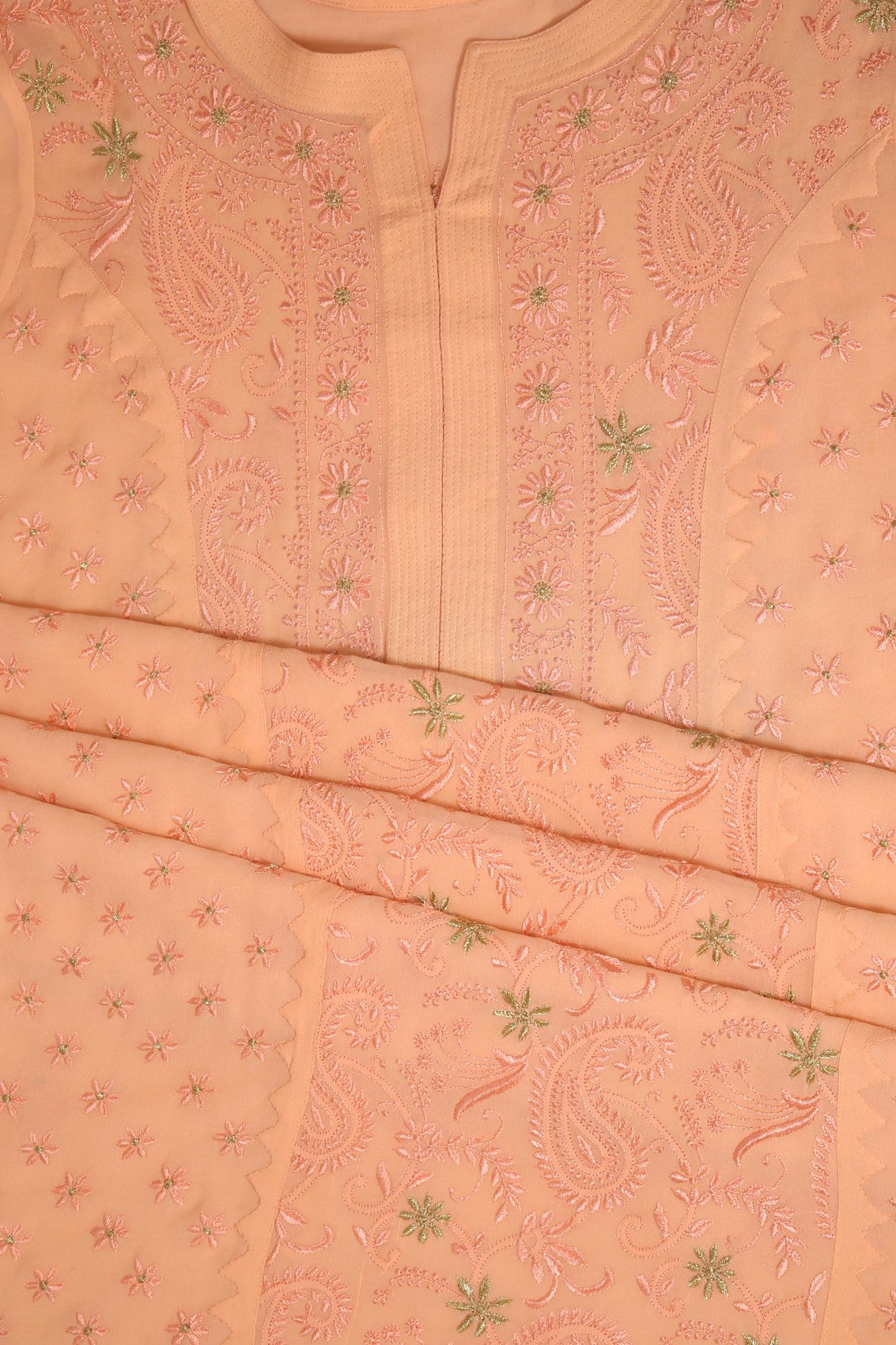 Ada Hand Embroidered Peach Pure Georgette Lucknowi Chikankari Unstitched Kurta Dupatta Set With Zari Work A374517