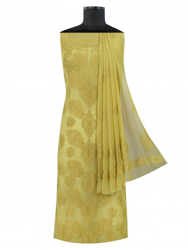 Ada Hand Embroidered Chartreuse Green Georgette Lucknowi Chikankari Unstitched Suit Piece A211227