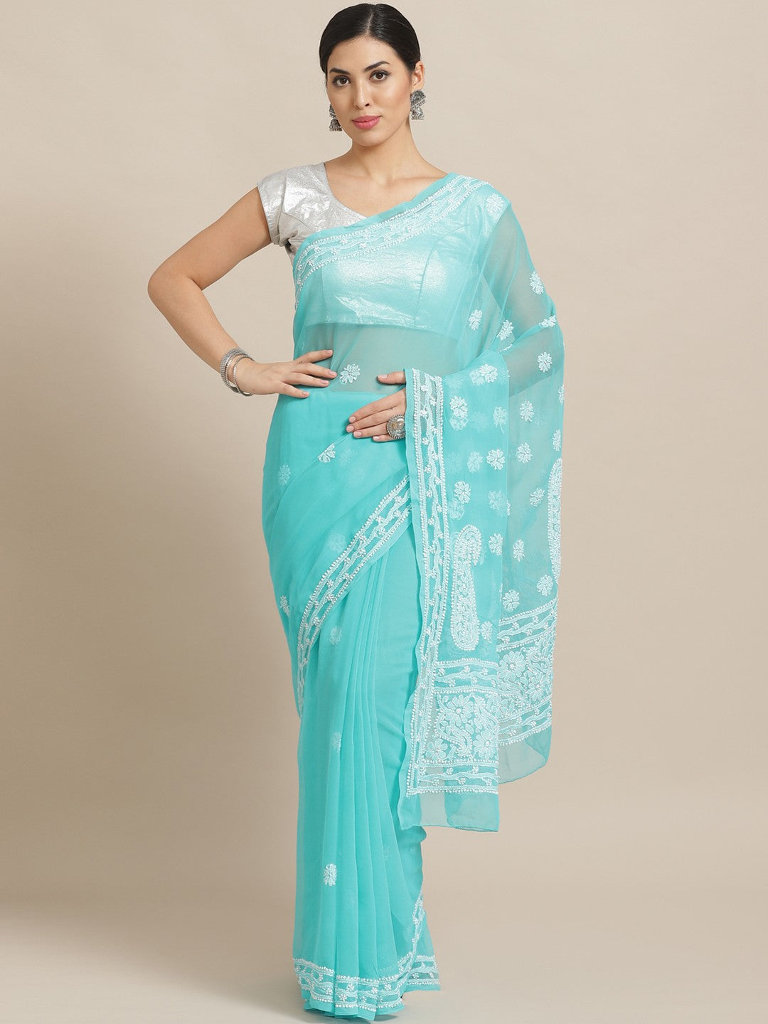 Ada Hand Embroidered Sea Green Georgette Lucknow Chikan Saree with Blouse A100574