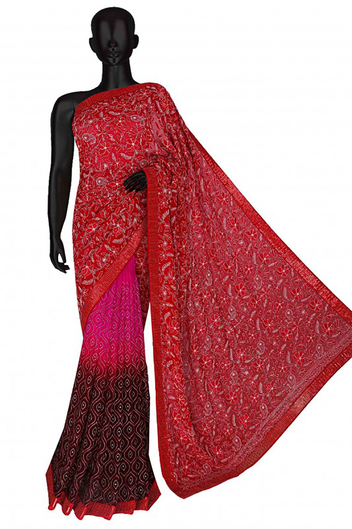 Ada Hand Embroidered Magenta/Red Pure Georgette Lucknowi Chikankari Saree/Blouse  With Pearl Work A4526