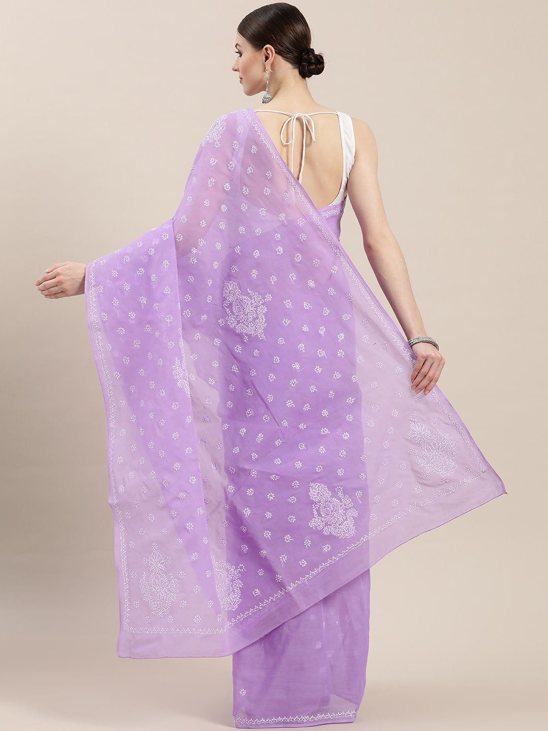 Ada Hand Embroidered Mauve Cotton Lucknow Chikan Saree with Blouse - A346162