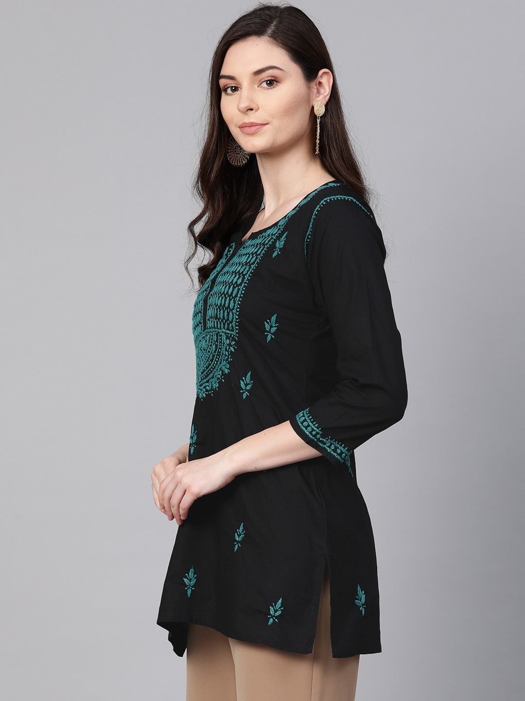 Ada Hand Embroidered Black Cotton Lucknowi Chikankari Straight Kurti A100388