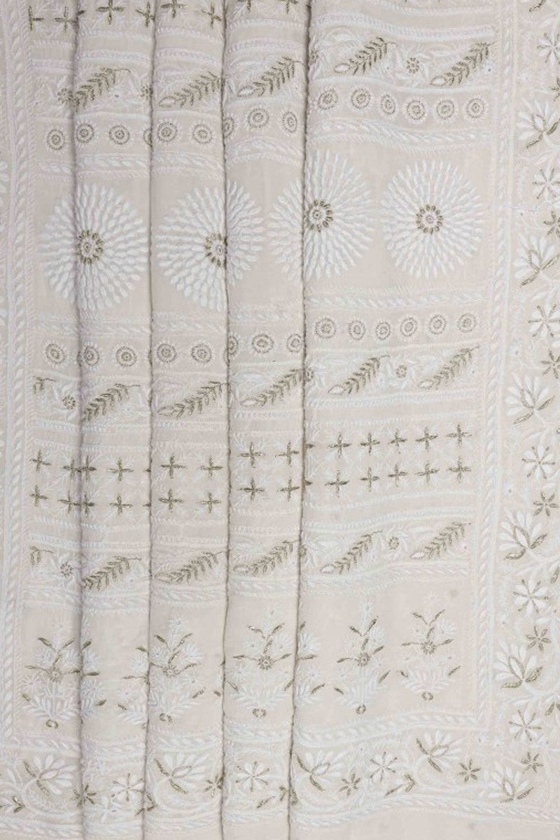 Ada Hand Embroidered Ivory White Pure Georgette Lucknow Chikan Saree with Blouse A573519