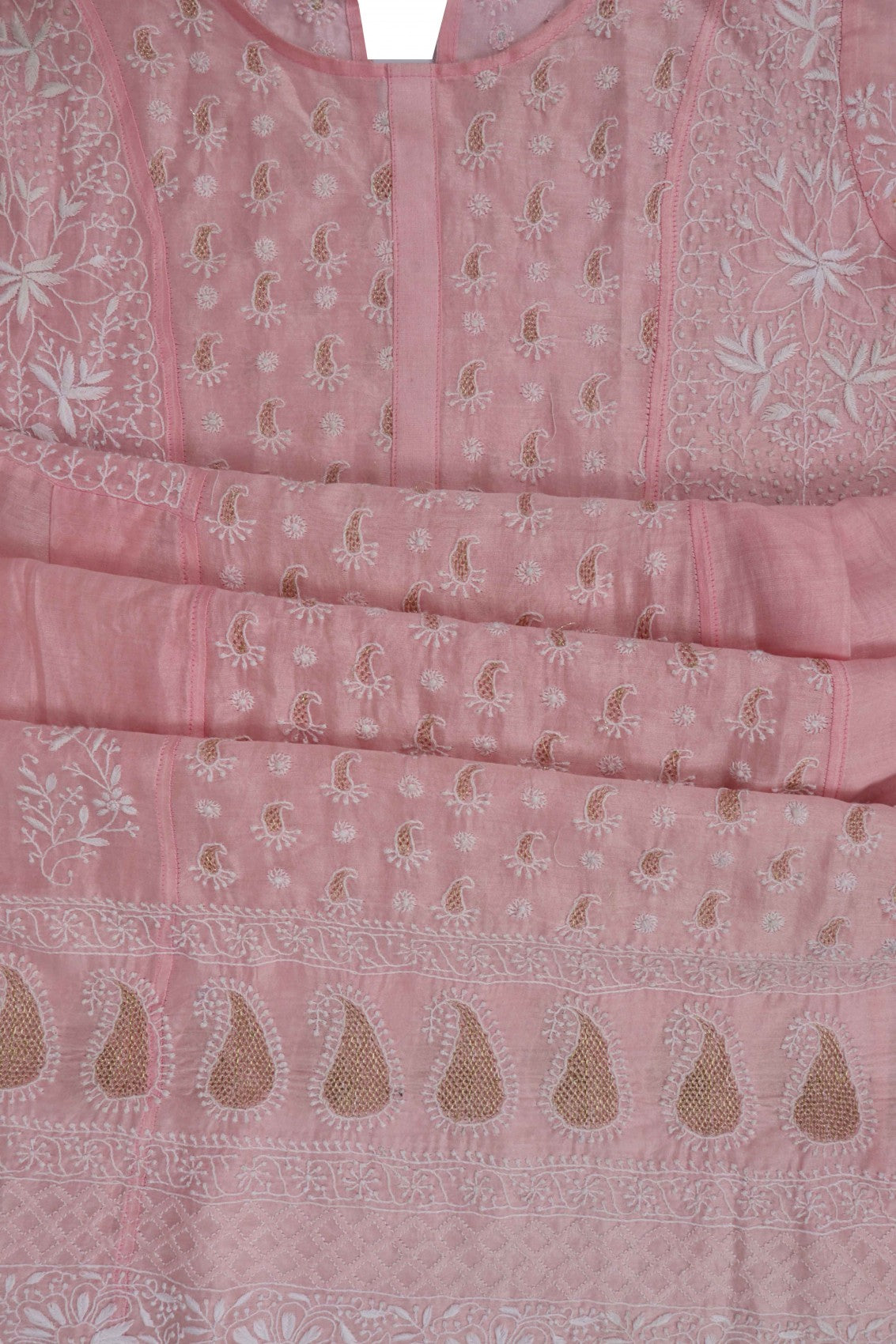 Ada Hand Embroidered Powder Pink Chanderi Lucknowi Chikankari Semi-Stitched Anarkali Kurta Dupatta Set With Zari Work 01A248288