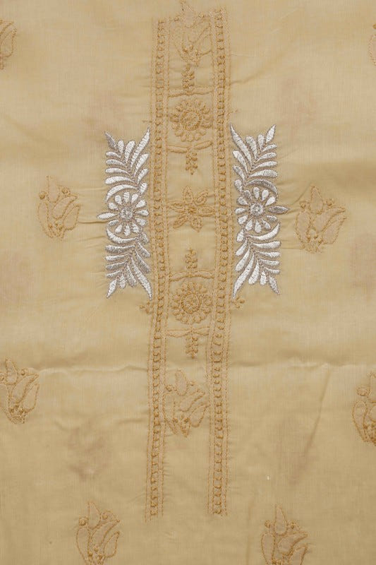 Ada Hand Embroidered Fawn Cotton Lucknowi Chikan Unstitched Suit Piece–A100182