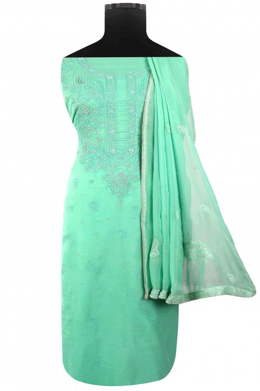 Ada Hand Embroidered Sea Green Cotton Lucknowi Chikan Unstitched Kurta Dupatta Set With Zari Work A166450