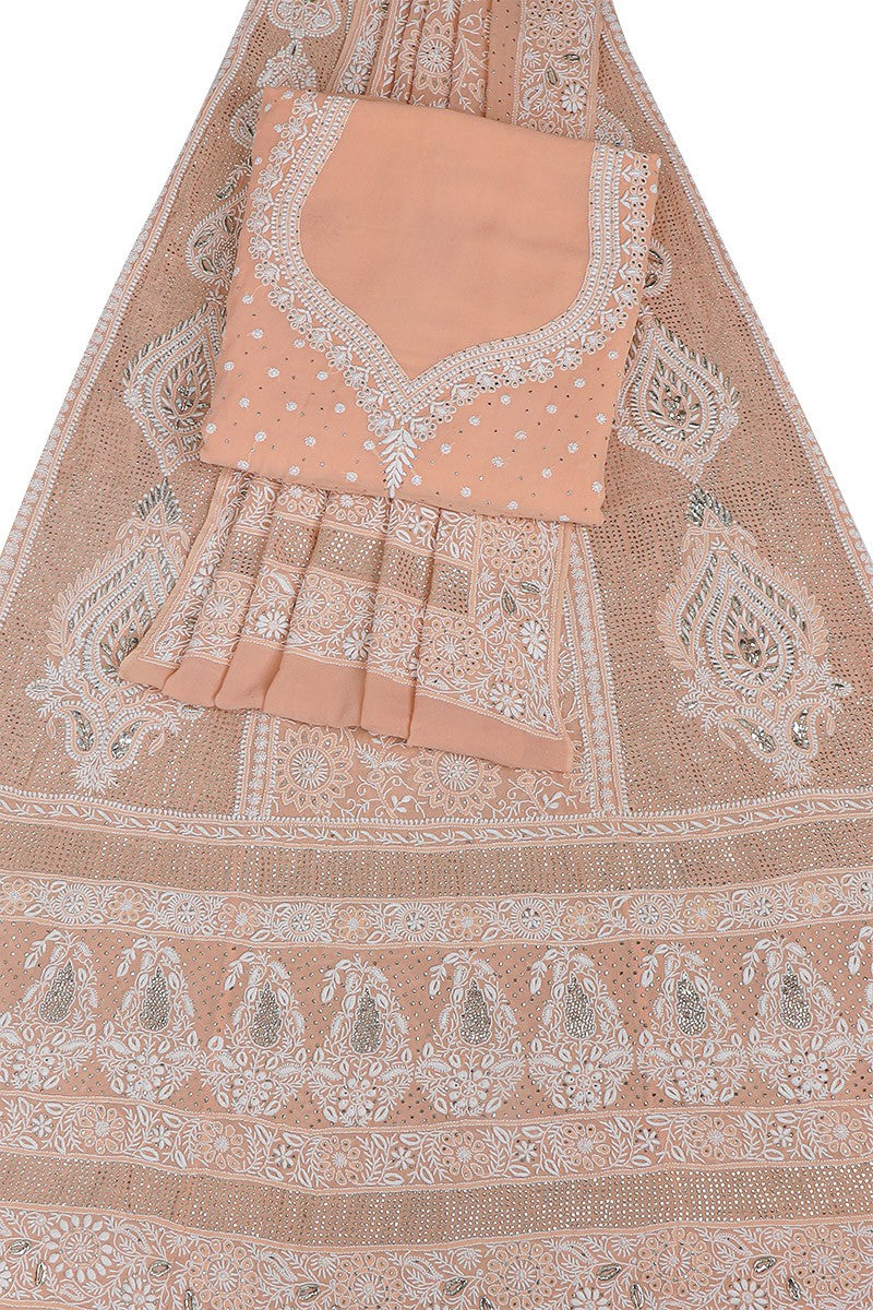 Ada Hand Embroidered Peach Pure Georgette Lucknowi Chikankari Lehenga Set with Muqaish Work A291941