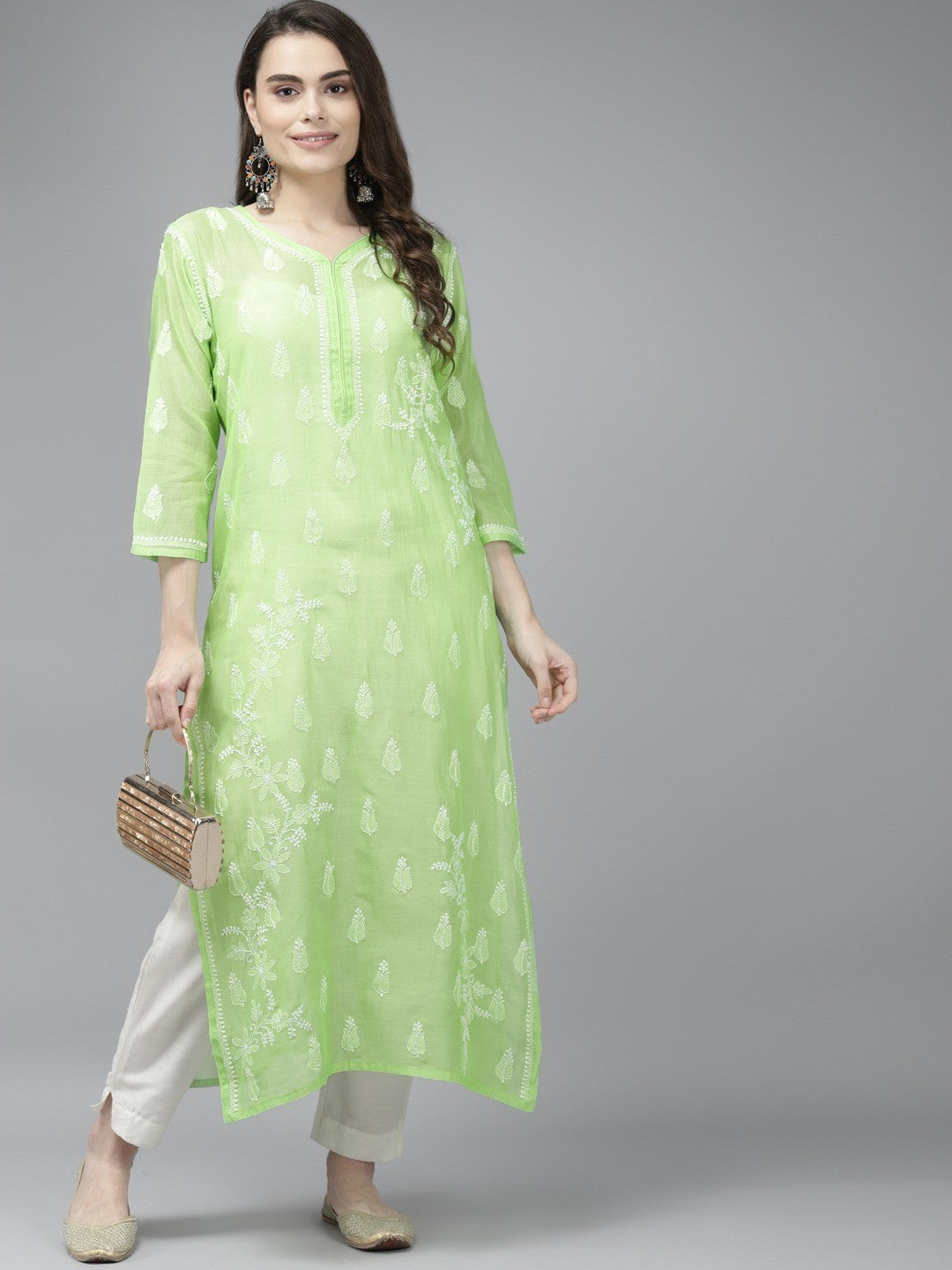 Ada Hand Embroidered Green Chanderi Lucknow Chikankari Kurta A411373