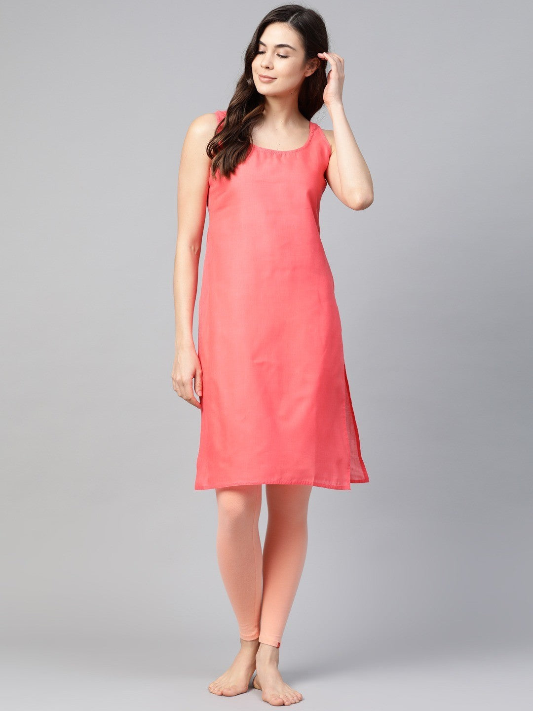 Ada White And Carrot Pink Cotton Long Slips Combo of 2 A111136.