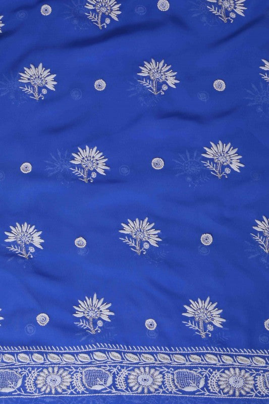 Ada Hand Embroidered Royal Blue Pure Georgette Lucknowi Chikan Unstitched Kurta Dupatta Set With Pearl & Sequinned Work A602319