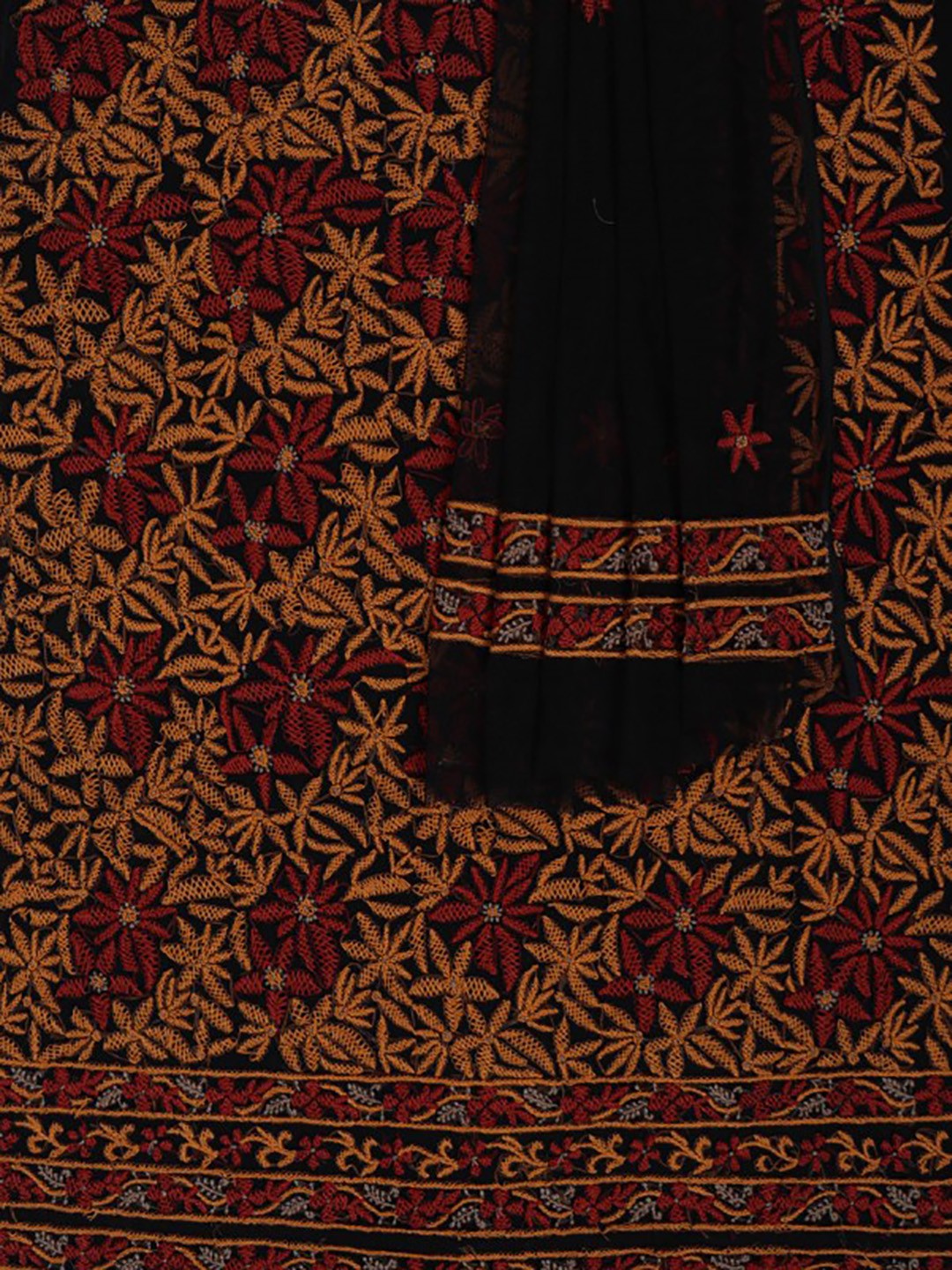 Ada Hand Embroidered Black Net Lucknowi Chikankari Unstitched Kurta Dupatta Set A103739