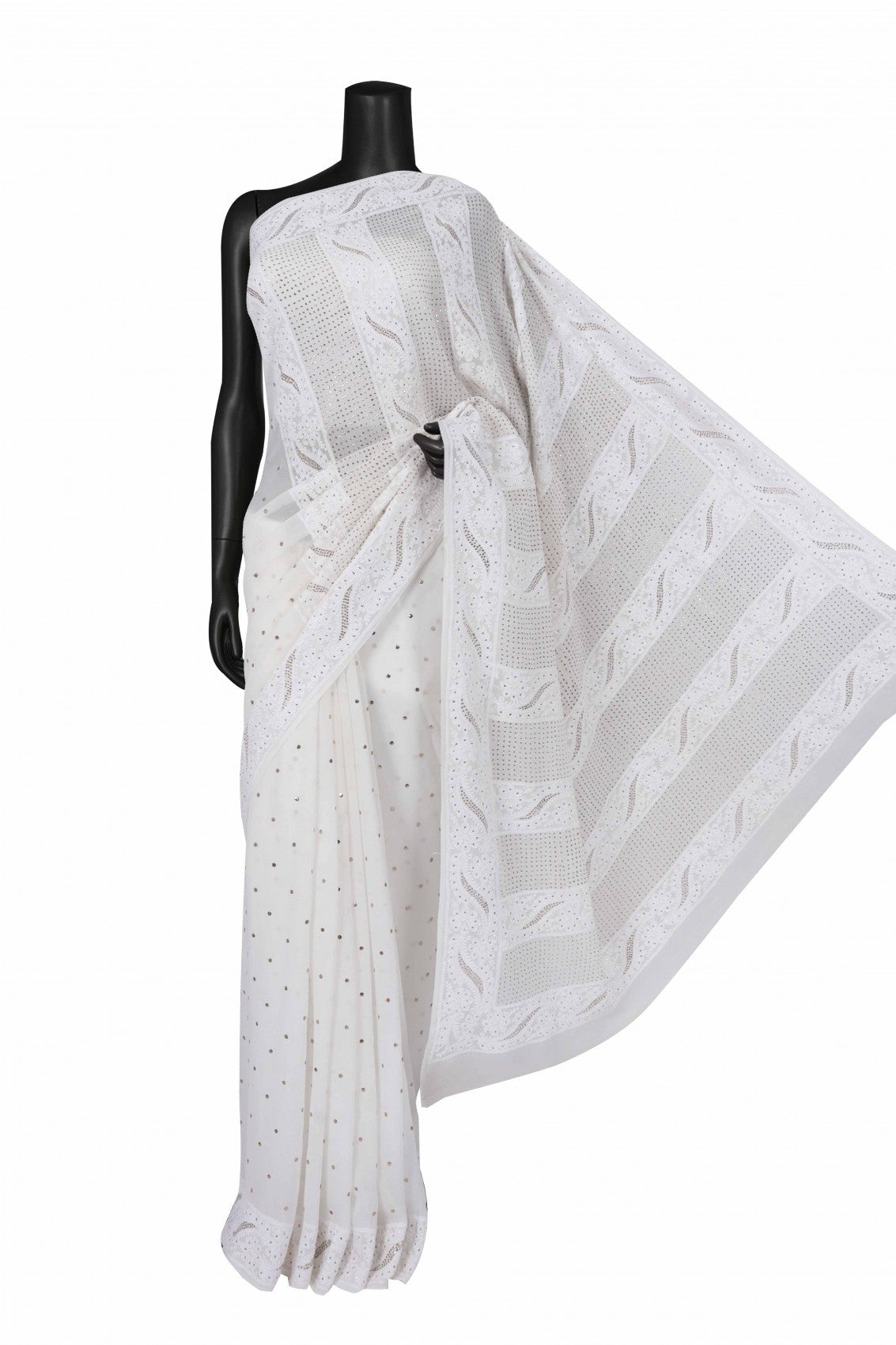 Ada Hand Embroidered Off White Viscose Georgette Lucknowi Chikankari Saree/Blouse With Muqaish Work A583626