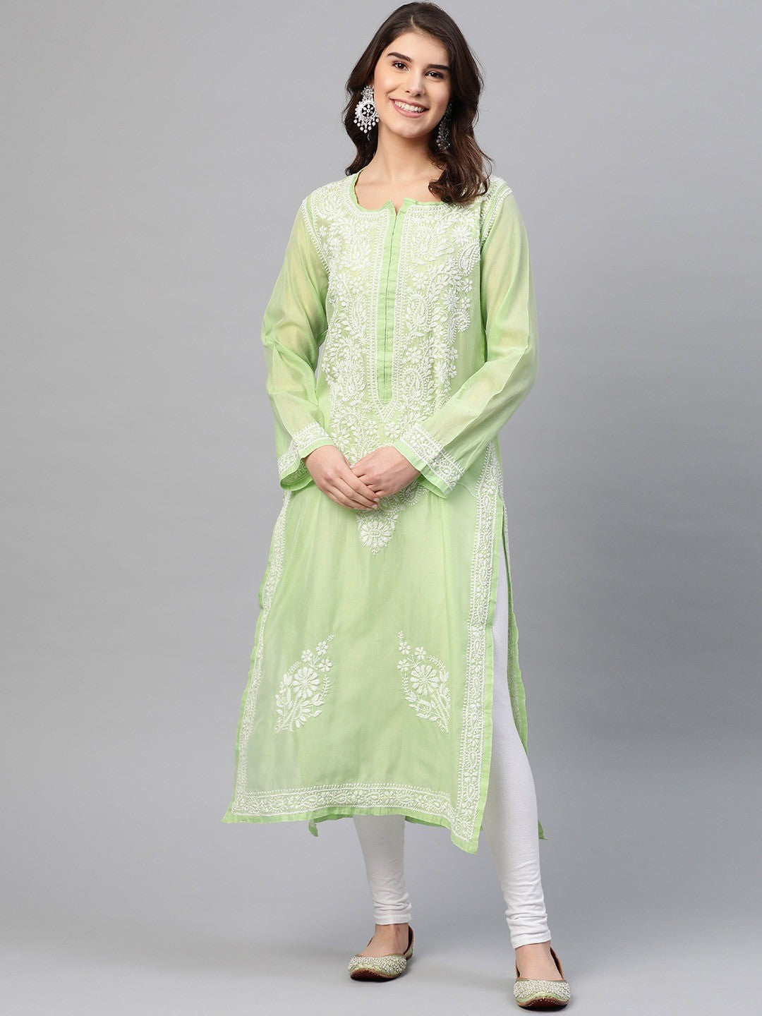 Ada Hand Embroidered Green Chanderi Lucknow Chikan Kurta-A411169
