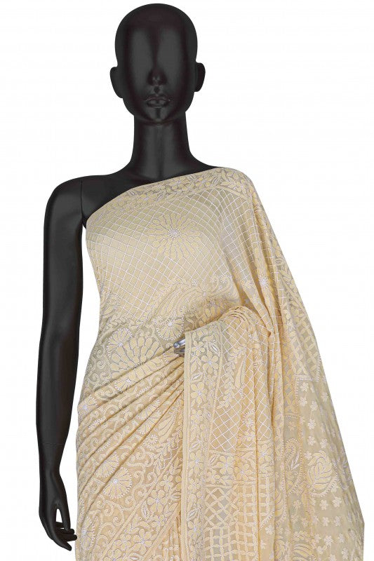 Ada Hand Embroidered Fawn Pure Georgette Lucknowi Chikankari Saree With Blouse- A425224