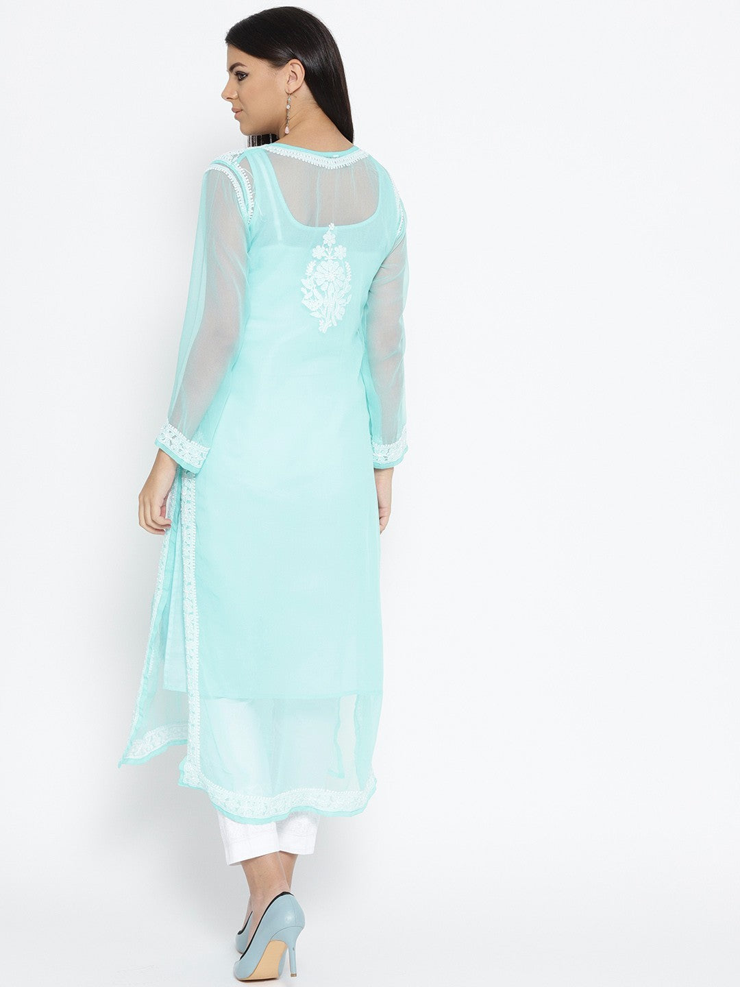 Ada Hand Embroidered Blue Faux Georgette Lucknowi Chikankari Kurta Set With Slip A100045