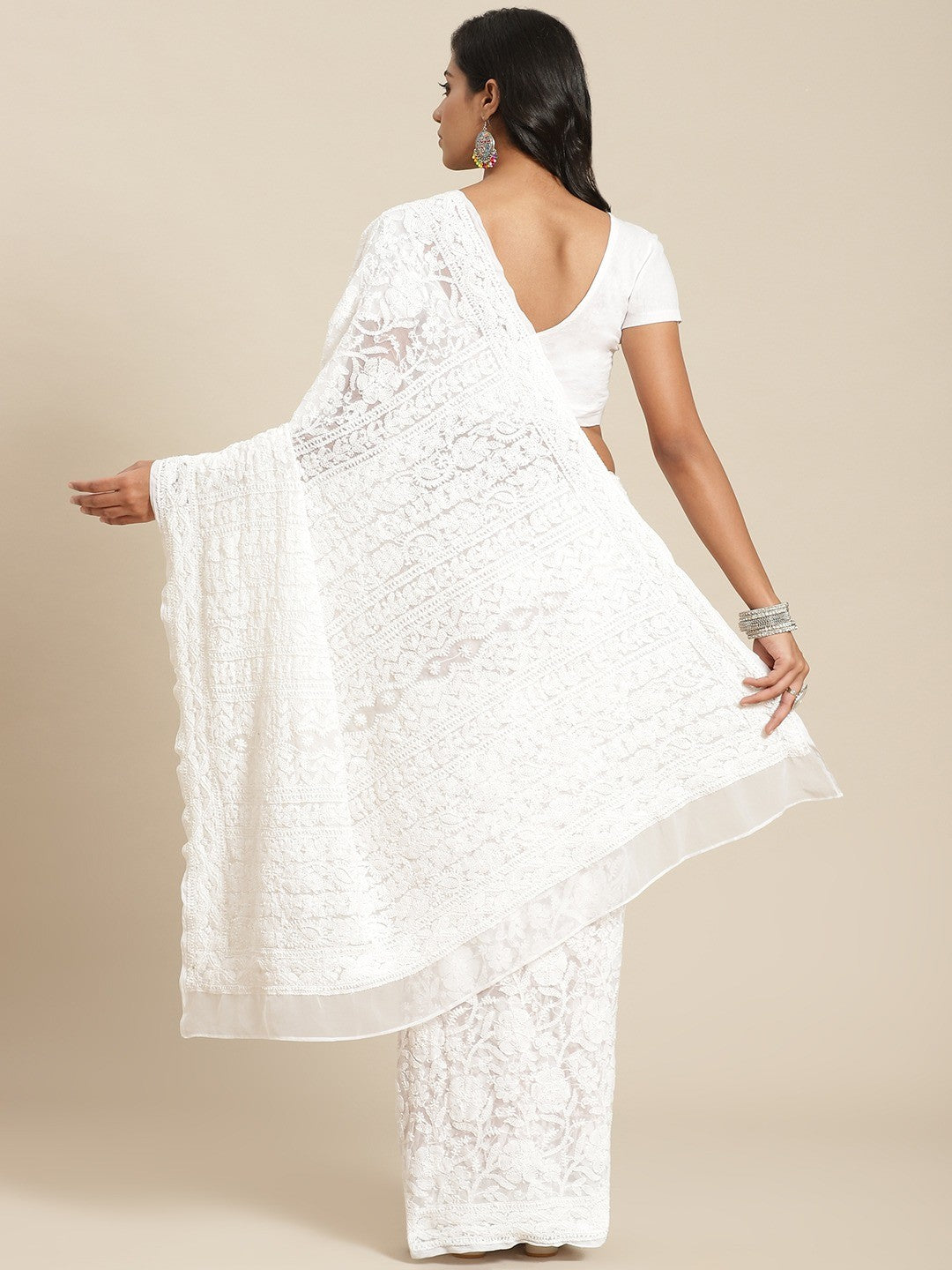 Ada Hand Embroidered White Georgette Lucknow Chikan Saree with Blouse A311328