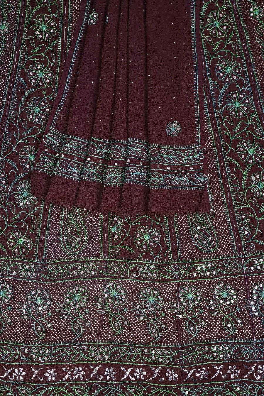 Ada Hand Embroidered Wine Pure Georgette Semi Stitched Anarkali Kurta Dupatta Set with Muqaish Work A615855
