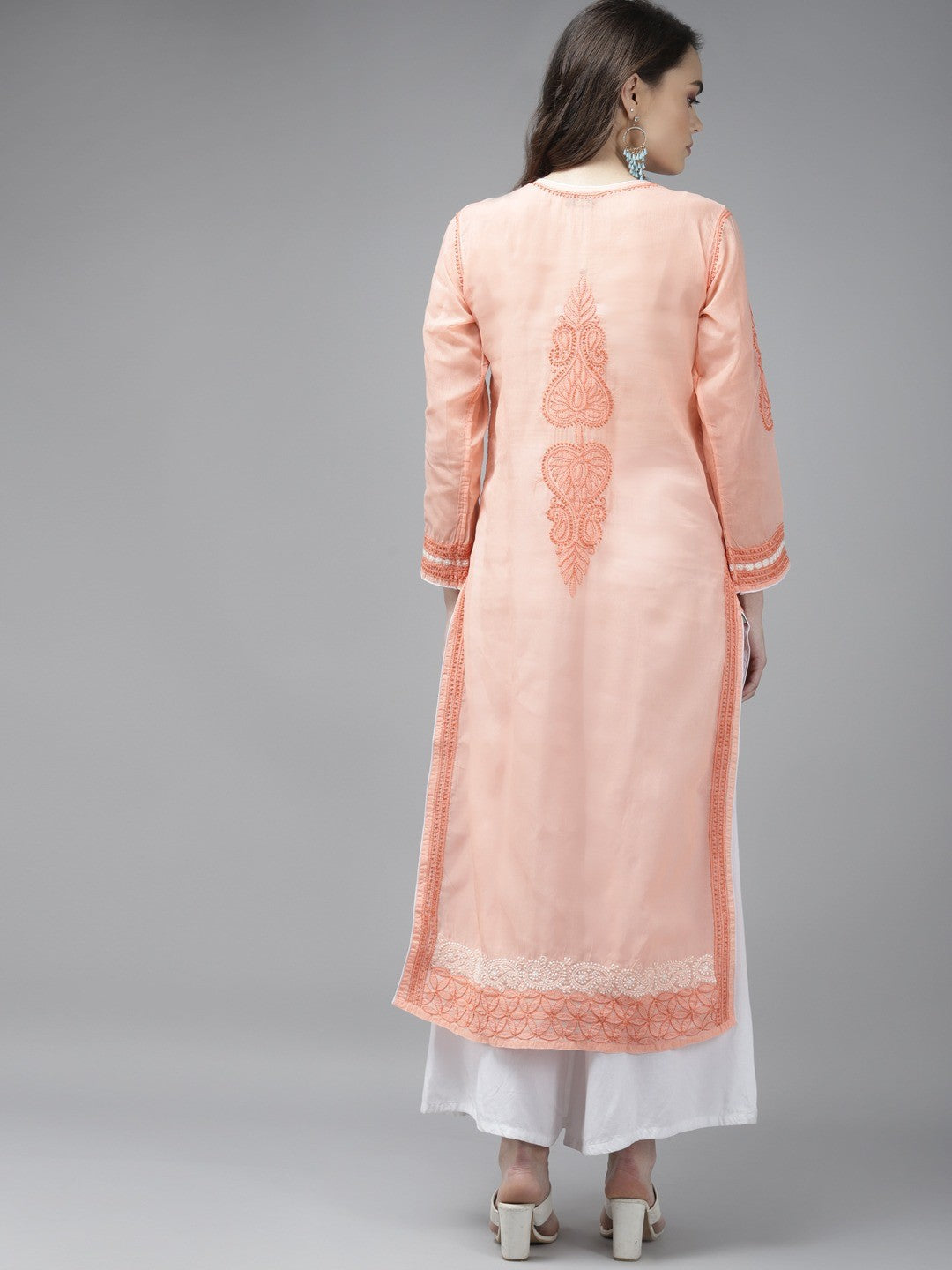 Ada Hand Embroidered Peach Cotton Lucknowi ChikanKari Kurta A411257