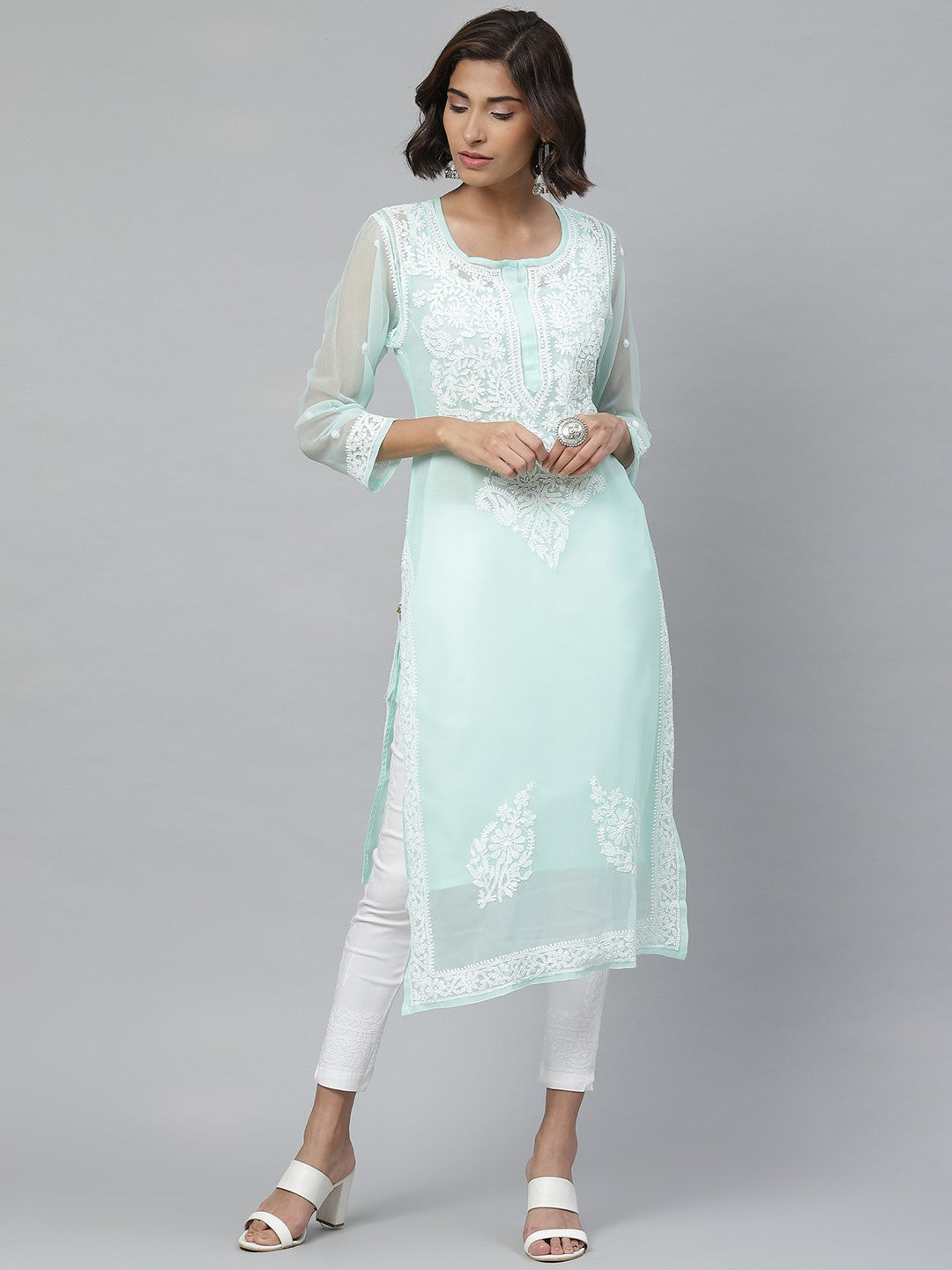Ada Hand Embroidered Sea Green And White Georgette Lucknowi Chikankari Kurta Set with Slip A100540