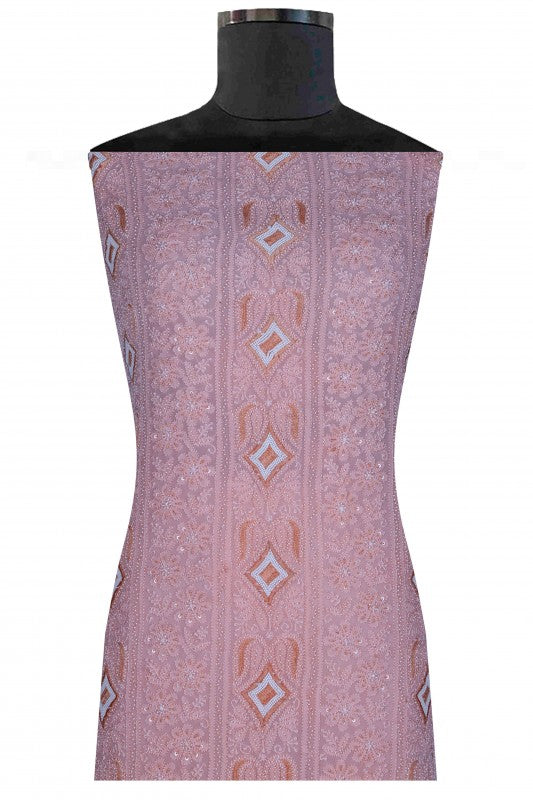 Ada Hand Embroidered Peach Georgette Lucknowi Chikankari Unstitched Kurta Dupatta Set With Pearl Work A586225