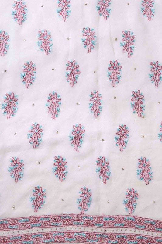 Ada Hand Embroidered White Georgette Lucknowi Chikan Unstitched Kurta Dupatta Set with Muqaish Work A157225